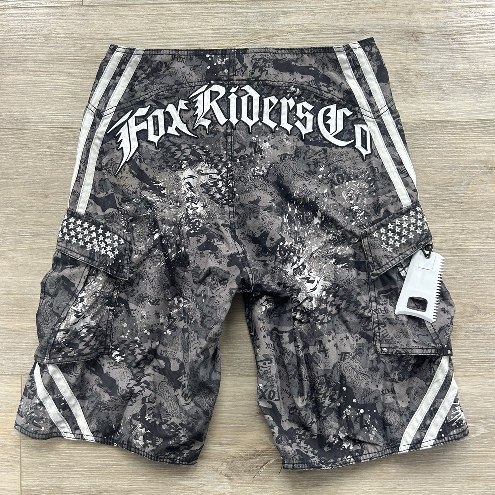 Vintage Y2K Fox Board Shorts Mens 31 Riders Trunks Logo Gray Bottle Opener